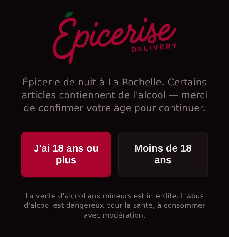 Écran d'accueil de la boutique Épicerise sur téléphone : le logo, une phrase qui demande de confirmer son âge, et deux boutons, « J'ai 18 ans ou plus » et « Moins de 18 ans ».